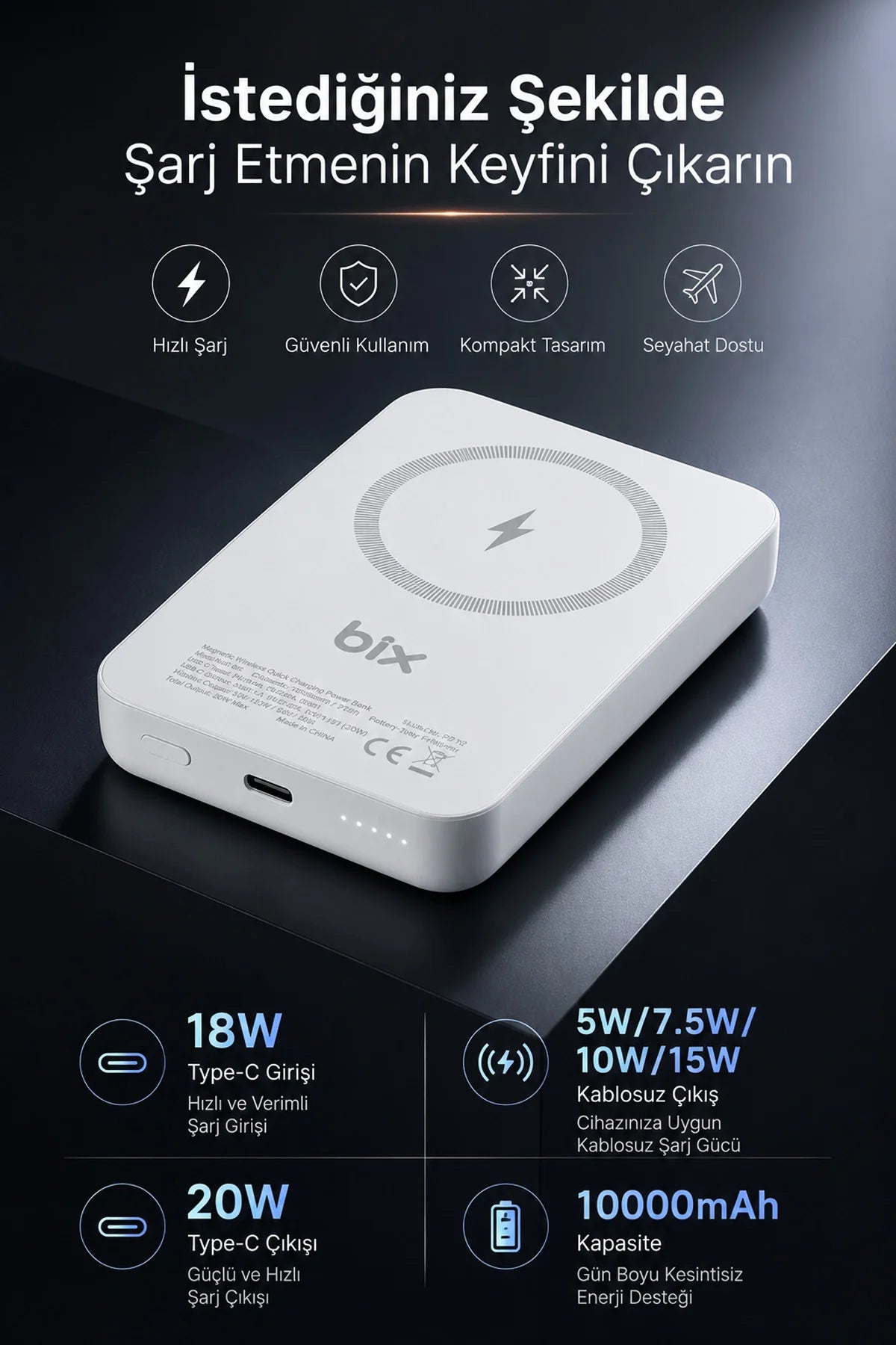 iPhone ile Uyumlu Magsafe Powerbank Kablosuz 15W Hızlı Şarj 20W USB-C Hızlı Şarj Qi