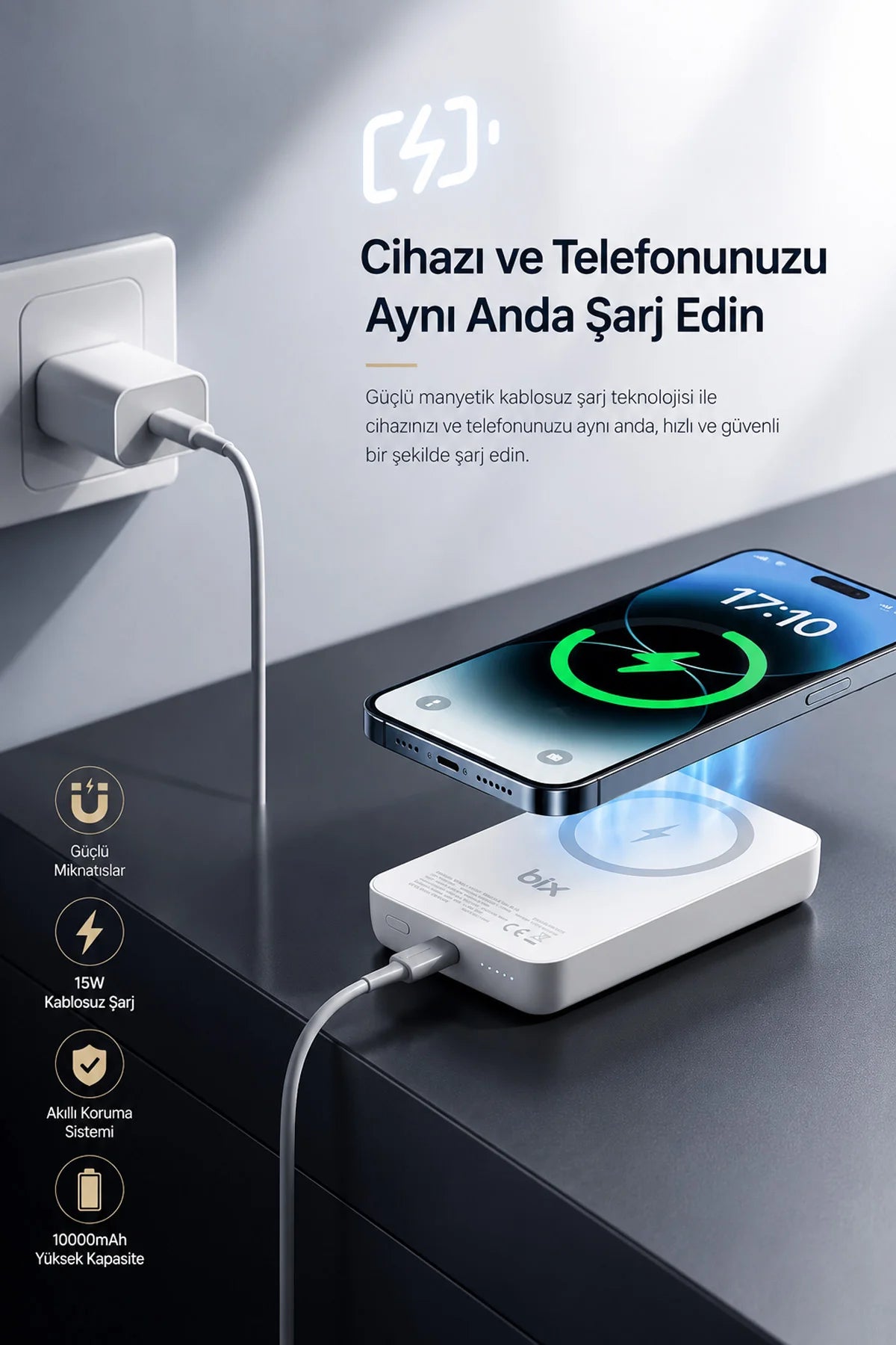 iPhone ile Uyumlu Magsafe Powerbank Kablosuz 15W Hızlı Şarj 20W USB-C Hızlı Şarj Qi