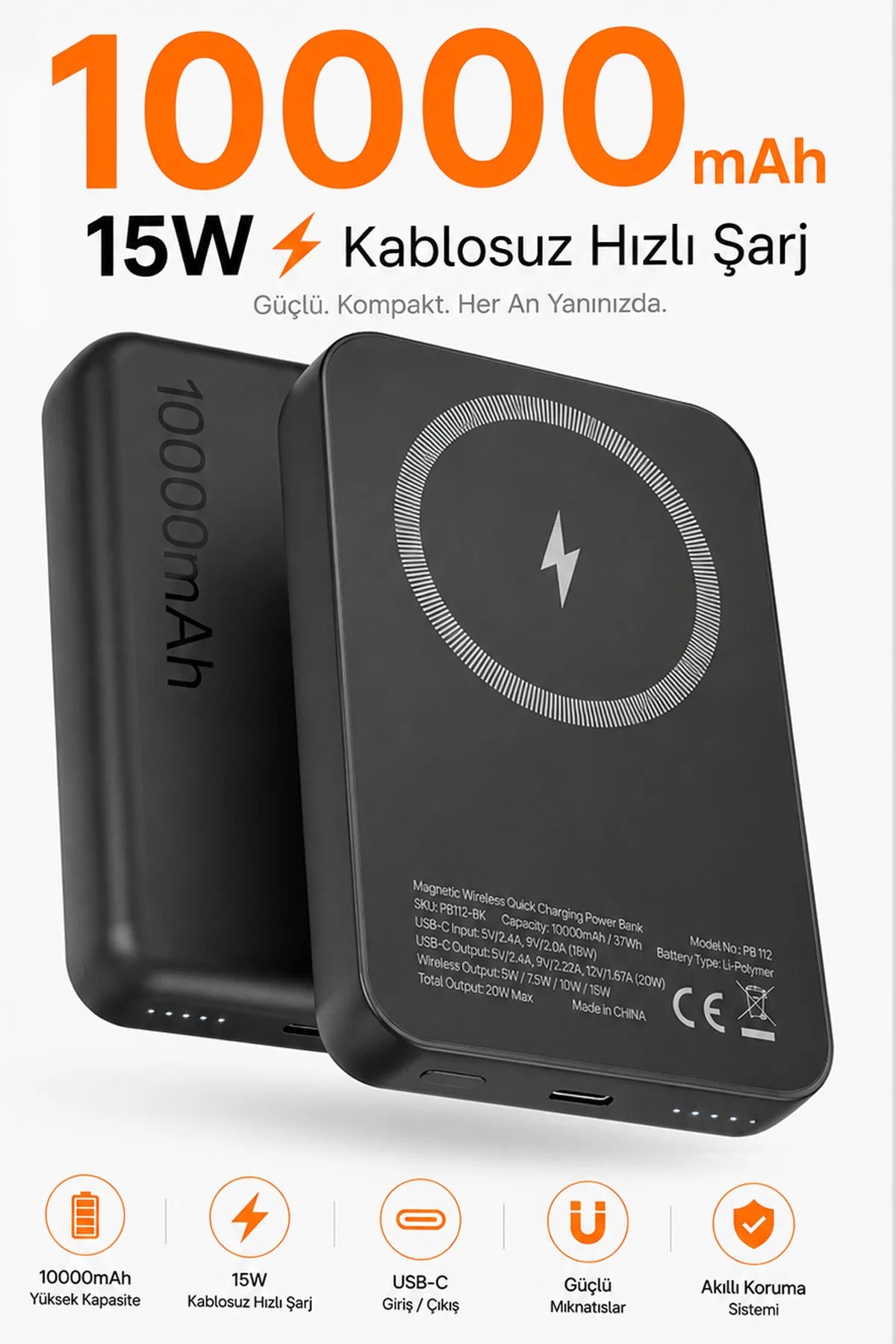 iPhone ile Uyumlu Magsafe Powerbank Kablosuz 15W Hızlı Şarj 20W USB-C Hızlı Şarj Qi