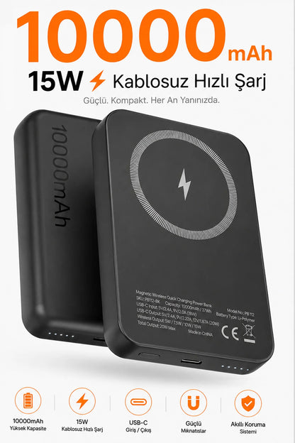 iPhone ile Uyumlu Magsafe Powerbank Kablosuz 15W Hızlı Şarj 20W USB-C Hızlı Şarj Qi