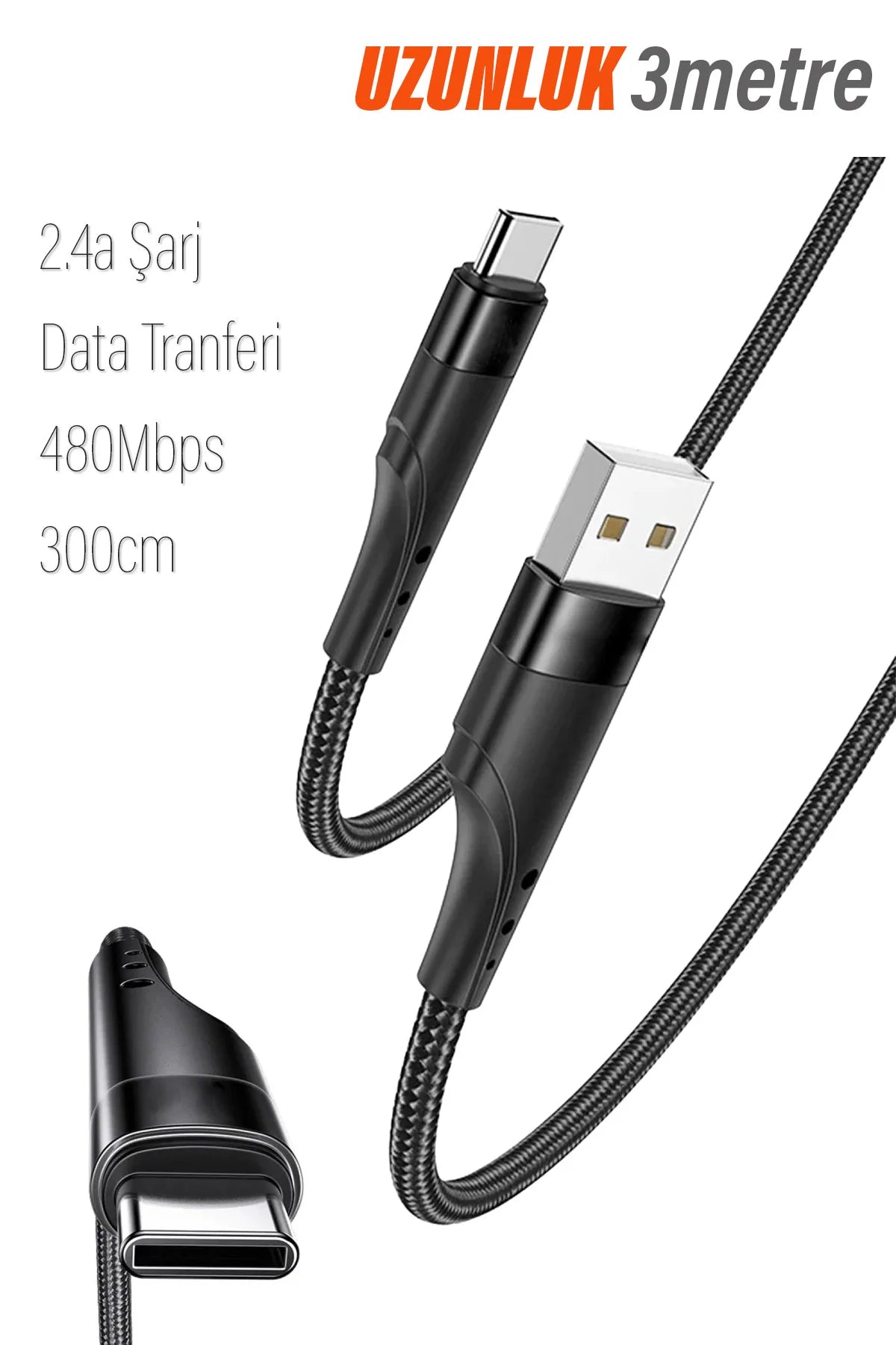3 Metre USB Type C Kablo 2.4A 3m Uzun USB-C kablo Şarj ve Data Kablosu