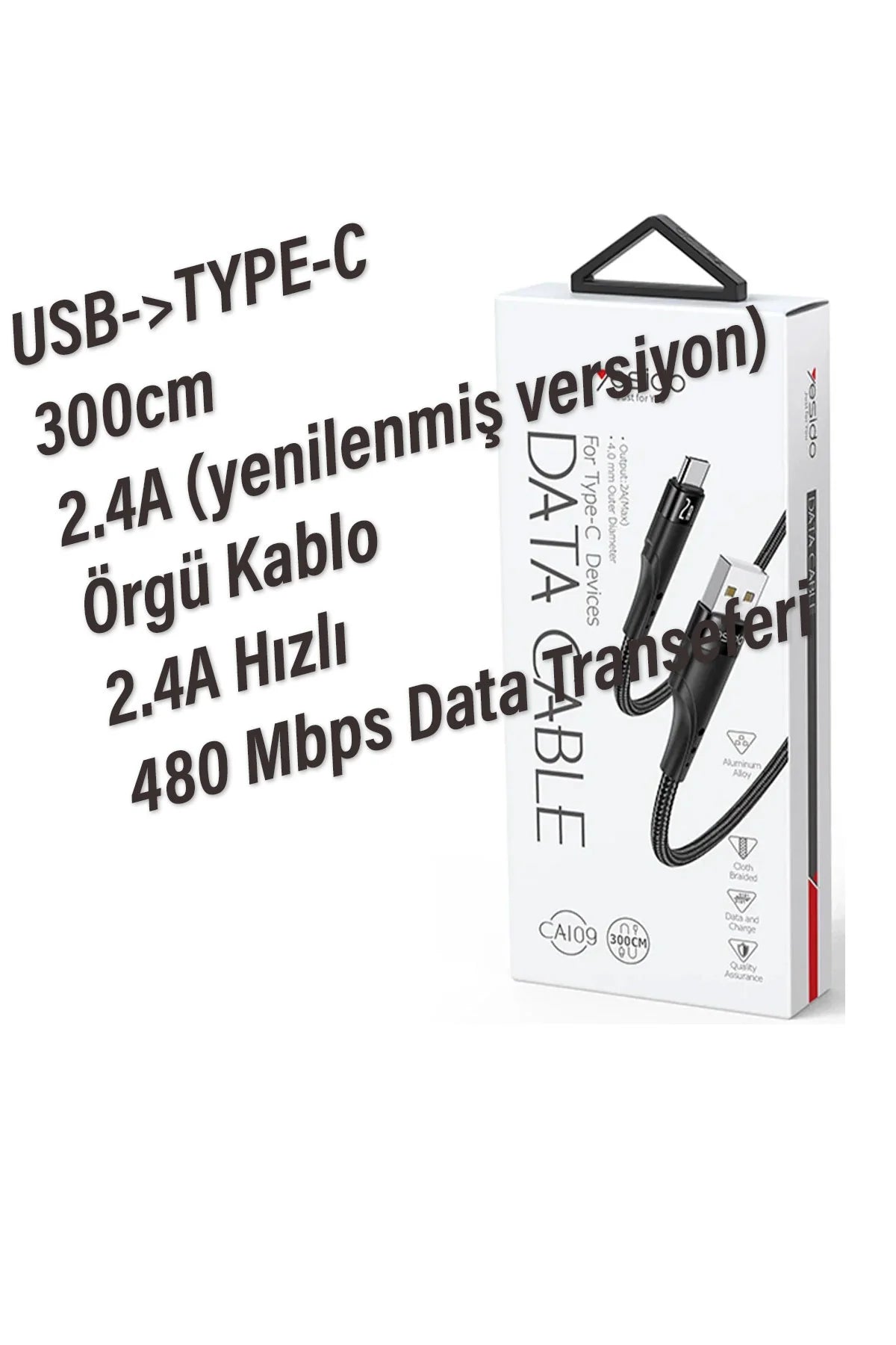 3 Metre USB Type C Kablo 2.4A 3m Uzun USB-C kablo Şarj ve Data Kablosu