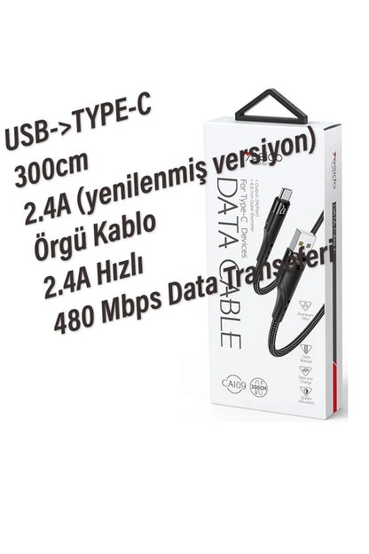 3 Metre USB Type C Kablo 2.4A 3m Uzun USB-C kablo Şarj ve Data Kablosu