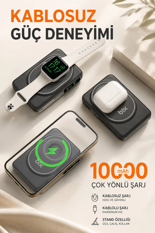 Kablosuz Magsafe Powerbank 10000 mAh 20W Hızlı Şarj 15W Standlı iPhone 12-13-14-15-16-17 Uyumlu