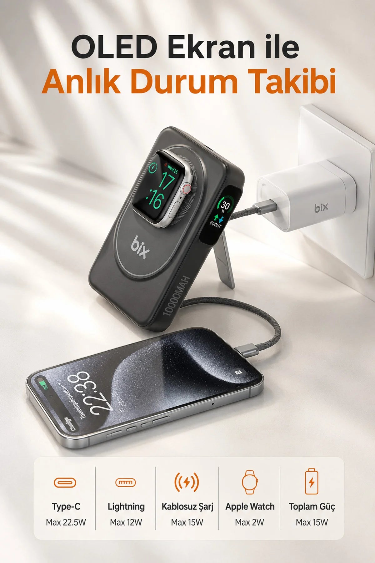 Kablosuz Magsafe Powerbank 10000 mAh 20W Hızlı Şarj 15W Standlı iPhone 12-13-14-15-16-17 Uyumlu