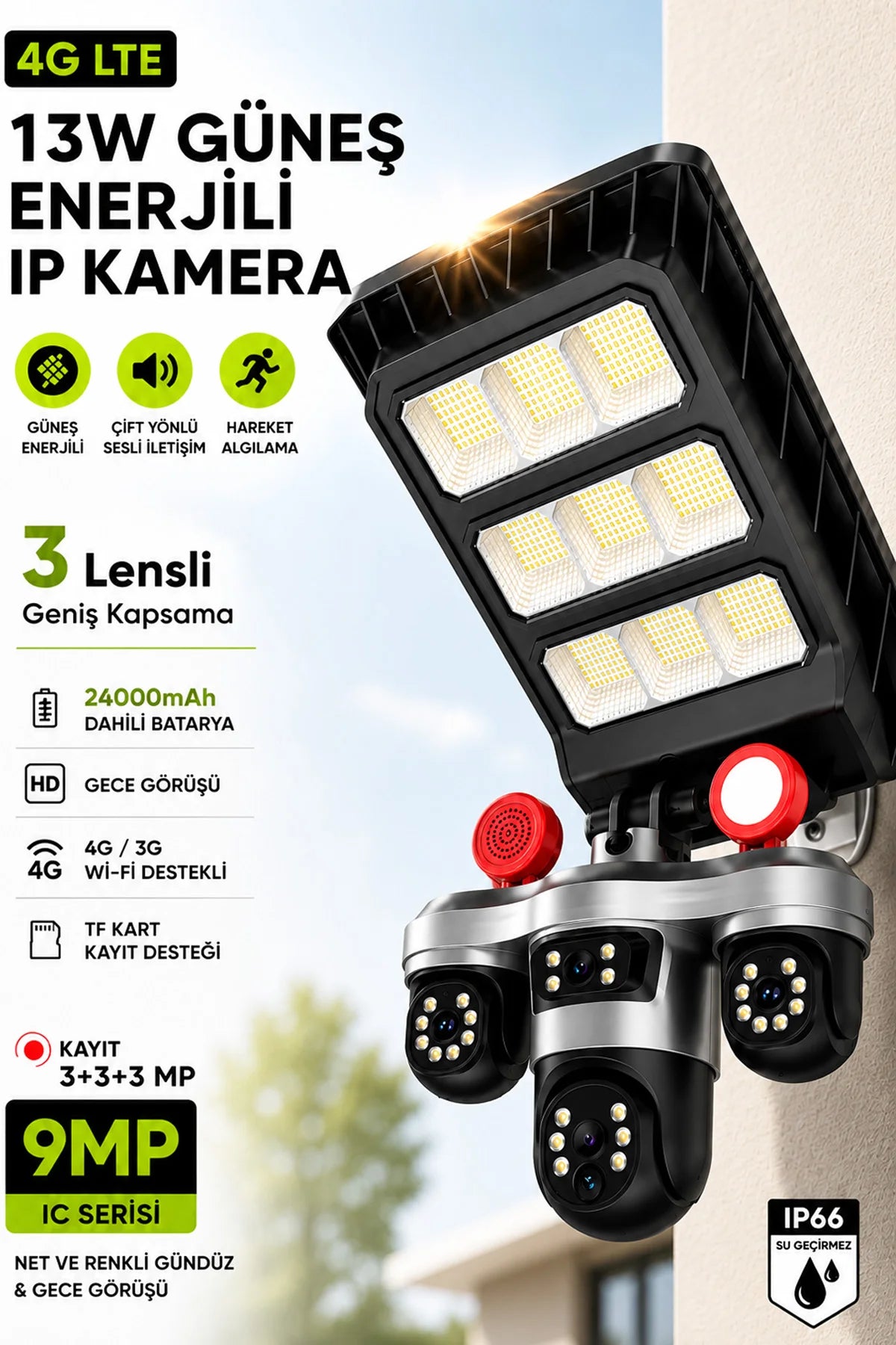 Sim Kartlı Güneş Enerjili Kamera ve LED Projektör 13W 3 Lens Dış Mekan Güvenlik Kamerası BLM102