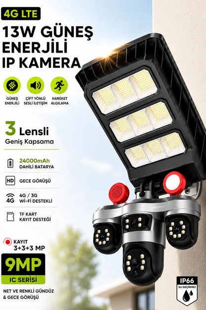 Sim Kartlı Güneş Enerjili Kamera ve LED Projektör 13W 3 Lens Dış Mekan Güvenlik Kamerası BLM102