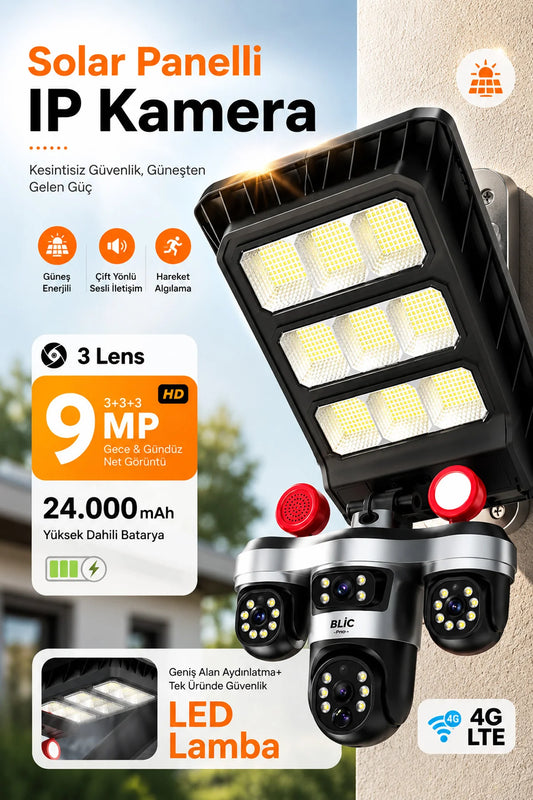 Sim Kartlı Güneş Enerjili Kamera ve LED Projektör 13W 3 Lens Dış Mekan Güvenlik Kamerası BLM102