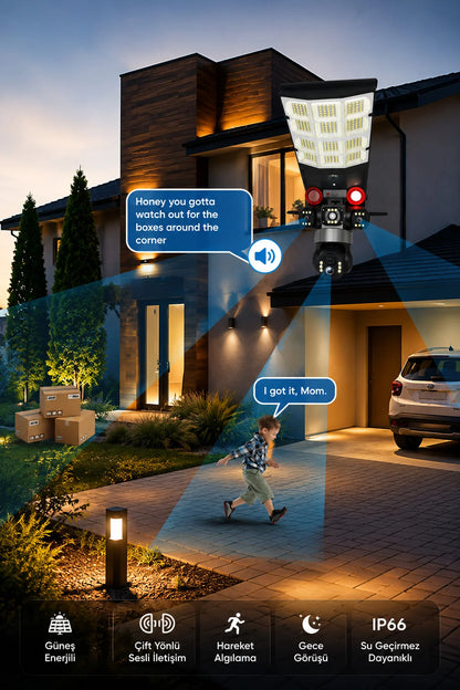 Sim Kartlı Güneş Enerjili Kamera ve LED Projektör 13W 3 Lens Dış Mekan Güvenlik Kamerası BLM102