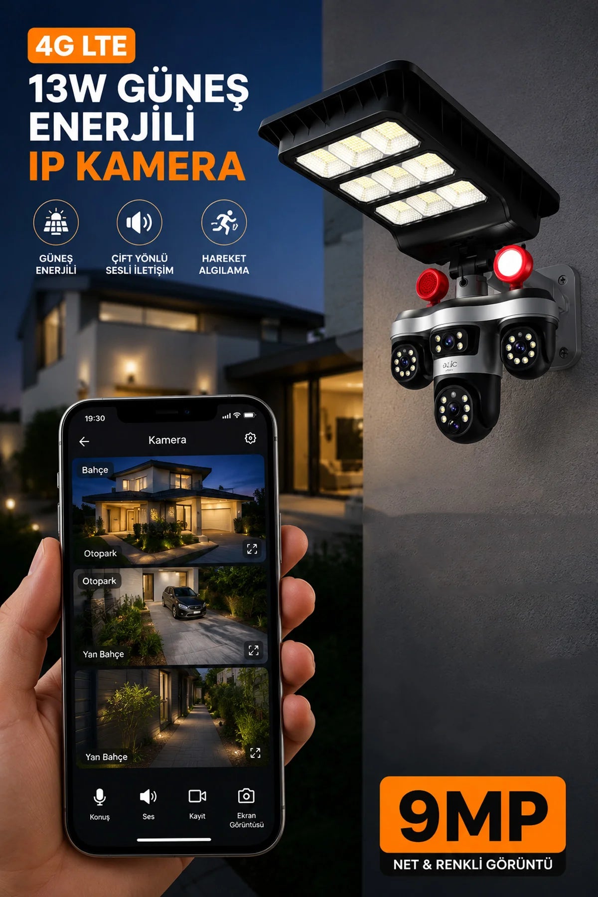 Sim Kartlı Güneş Enerjili Kamera ve LED Projektör 13W 3 Lens Dış Mekan Güvenlik Kamerası BLM102