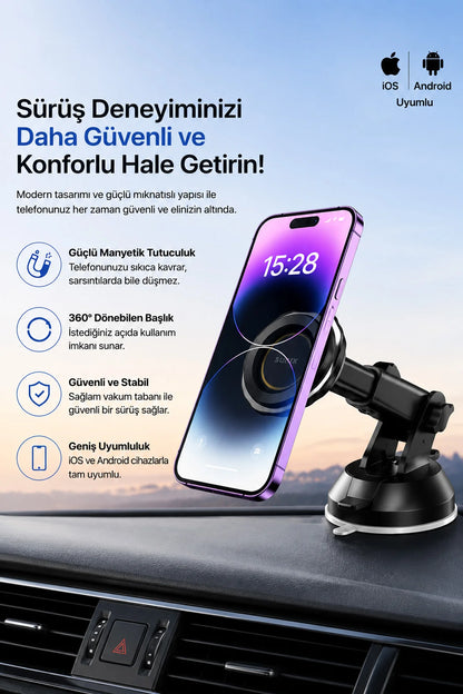 Araç Torpido Cam 360° Dönen MagSafe Telefon Tutucusu Manyetik Mıknatıslı Telefon Tutacağı Holder