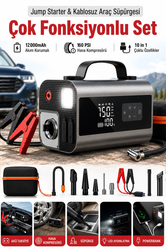 Akü Takviye Hava Kompresör Araç Süpürgesi Vakum 12000mAh Powerbank Çok Fonksiyonlu Jump Starter 2000A