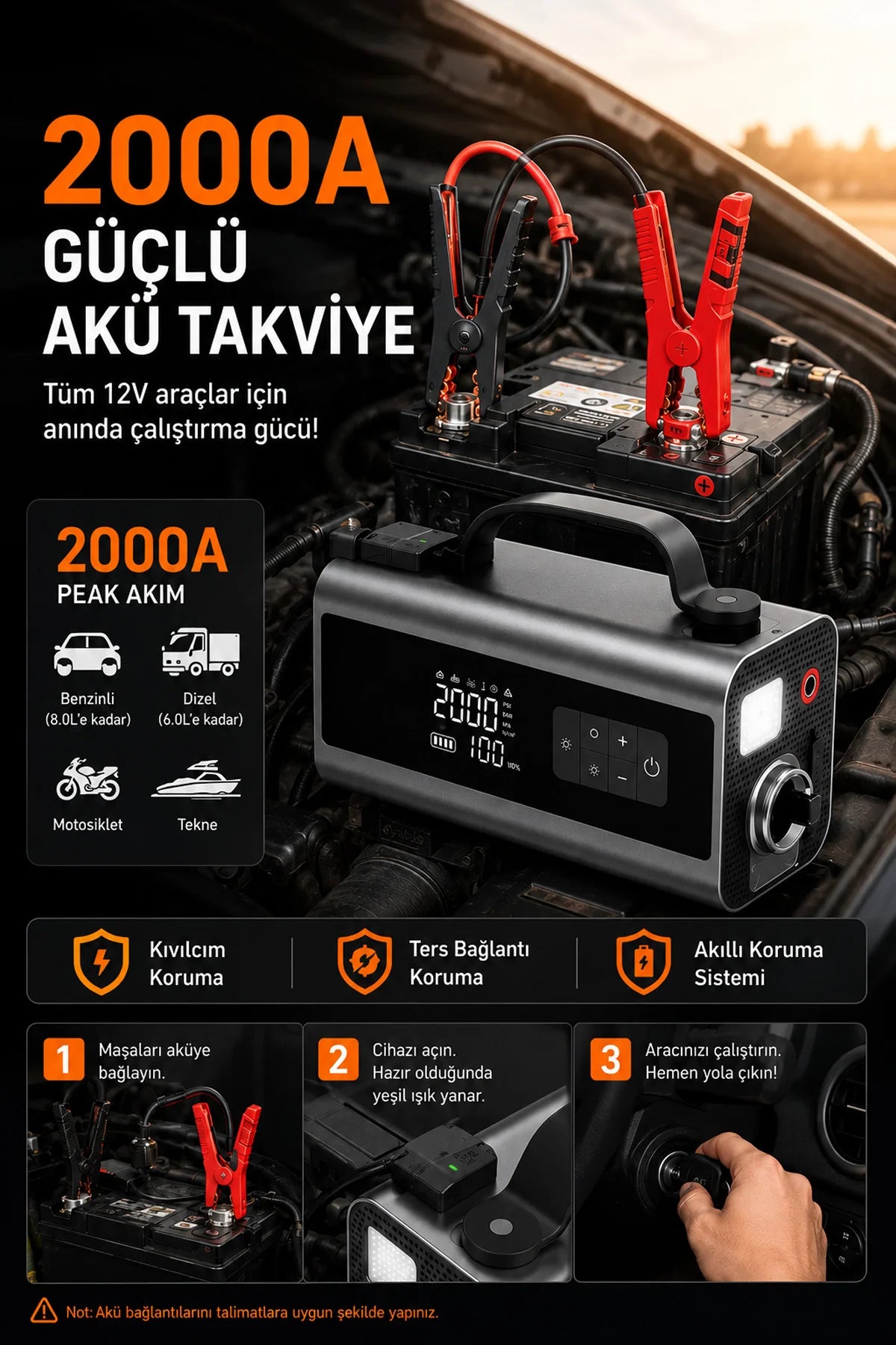 Akü Takviye Hava Kompresör Araç Süpürgesi Vakum 12000mAh Powerbank Çok Fonksiyonlu Jump Starter 2000A