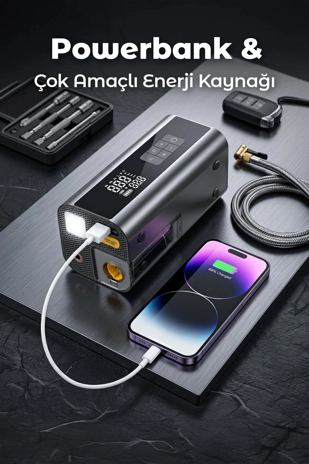 Akü Takviye Hava Kompresör Araç Süpürgesi Vakum 12000mAh Powerbank Çok Fonksiyonlu Jump Starter 2000A