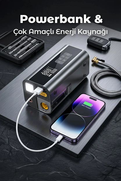 Akü Takviye Hava Kompresör Araç Süpürgesi Vakum 12000mAh Powerbank Çok Fonksiyonlu Jump Starter 2000A