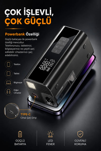Akü Takviye Hava Kompresör Araç Süpürgesi Vakum 12000mAh Powerbank Çok Fonksiyonlu Jump Starter 2000A