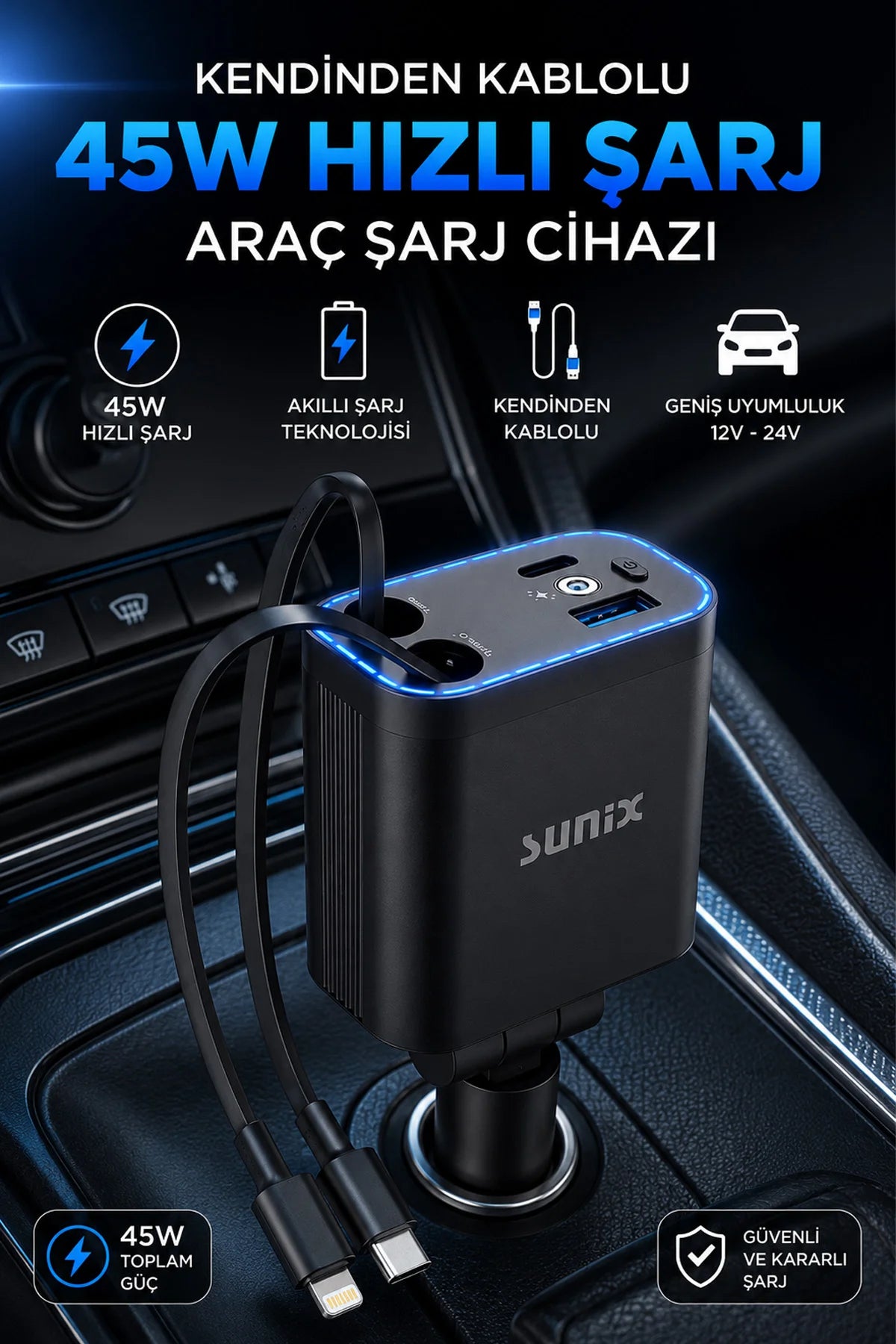 Hızlı Araç Şarj İstasyon 4 in 1 LED IŞIKLI Çakmaklık Hızlı Araba Şarjı Kendinden Kablolu 30+15 45W