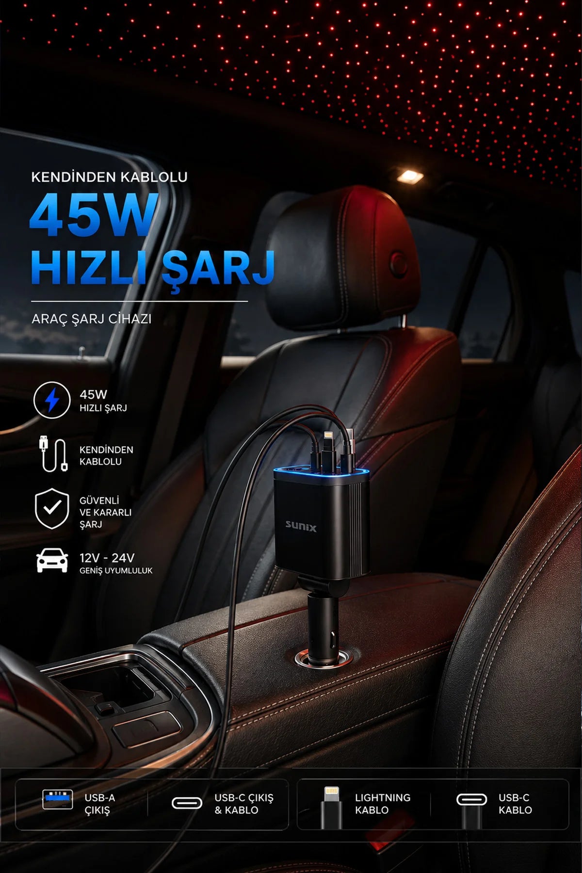 Hızlı Araç Şarj İstasyon 4 in 1 LED IŞIKLI Çakmaklık Hızlı Araba Şarjı Kendinden Kablolu 30+15 45W