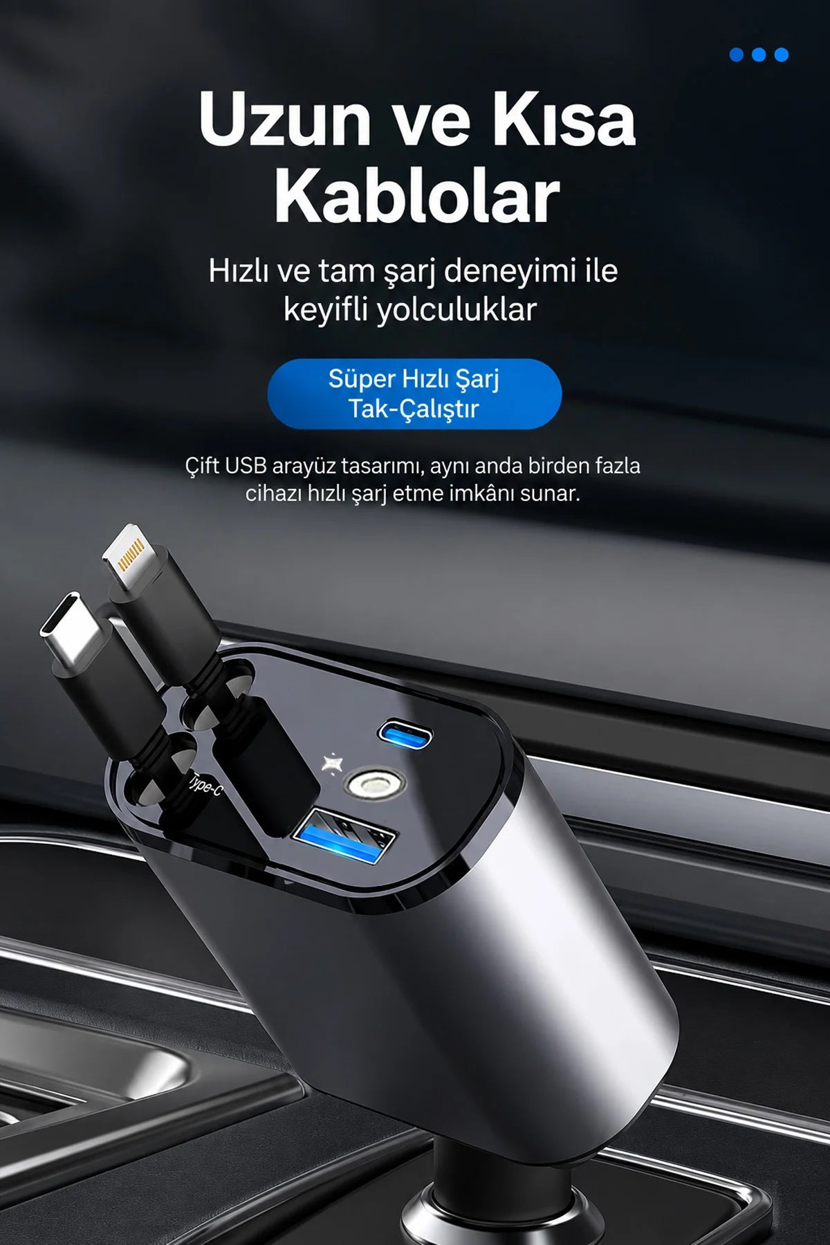 Hızlı Araç Şarj İstasyon 4 in 1 LED IŞIKLI Çakmaklık Hızlı Araba Şarjı Kendinden Kablolu 30+15 45W