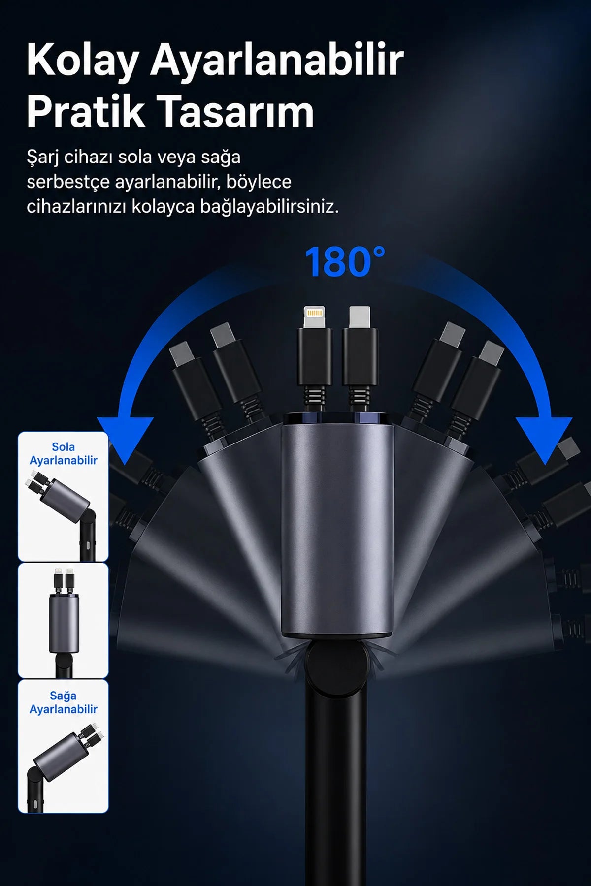 Hızlı Araç Şarj İstasyon 4 in 1 LED IŞIKLI Çakmaklık Hızlı Araba Şarjı Kendinden Kablolu 30+15 45W