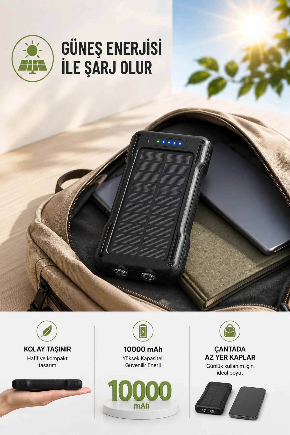 Güneş Enerjili Powerbank Kendinden Kablolu Solar Taşınabilir Şarj Aleti Çift LED Fenerli 10.000 mAh