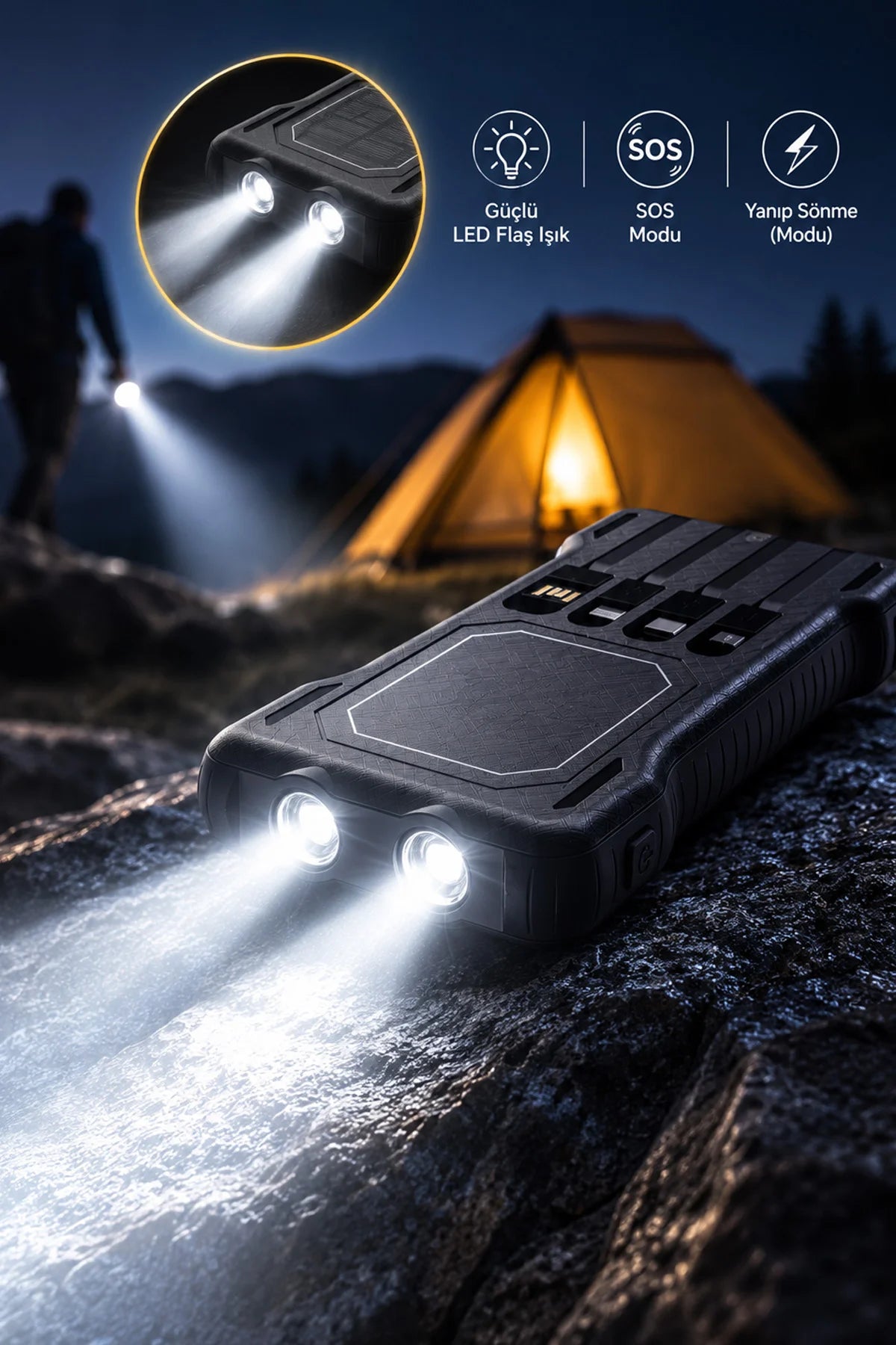 Güneş Enerjili Powerbank Kendinden Kablolu Solar Taşınabilir Şarj Aleti Çift LED Fenerli 10.000 mAh