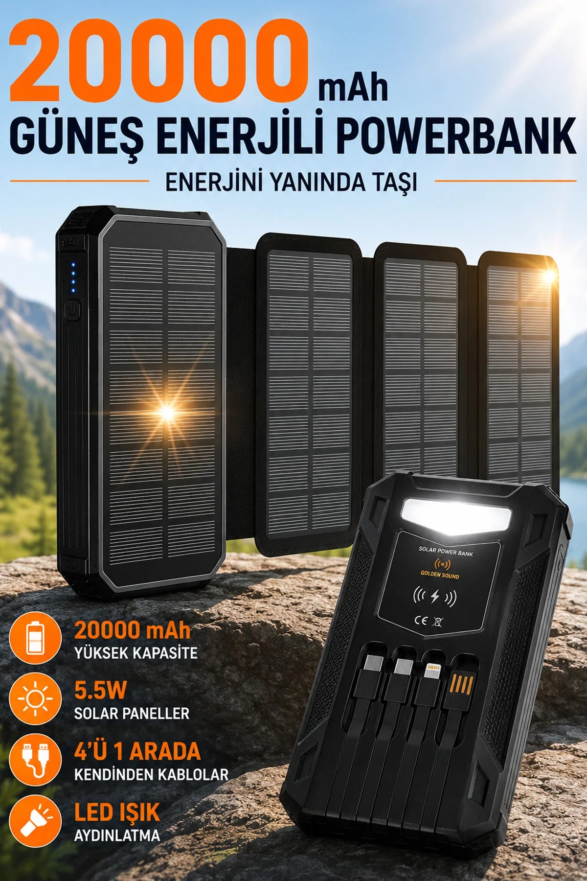 Güneş Enerjili Powerbank 4 Solar Panel Taşınabilir Şarj Cihazı Kendinden Kablolu LED Fenerli 20000mAh