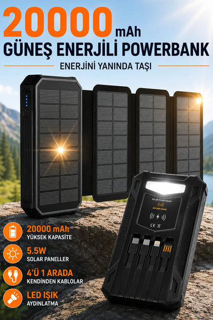 Güneş Enerjili Powerbank 4 Solar Panel Taşınabilir Şarj Cihazı Kendinden Kablolu LED Fenerli 20000mAh