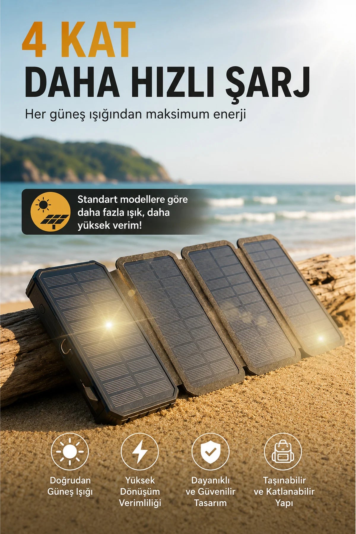 Güneş Enerjili Powerbank 4 Solar Panel Taşınabilir Şarj Cihazı Kendinden Kablolu LED Fenerli 20000mAh
