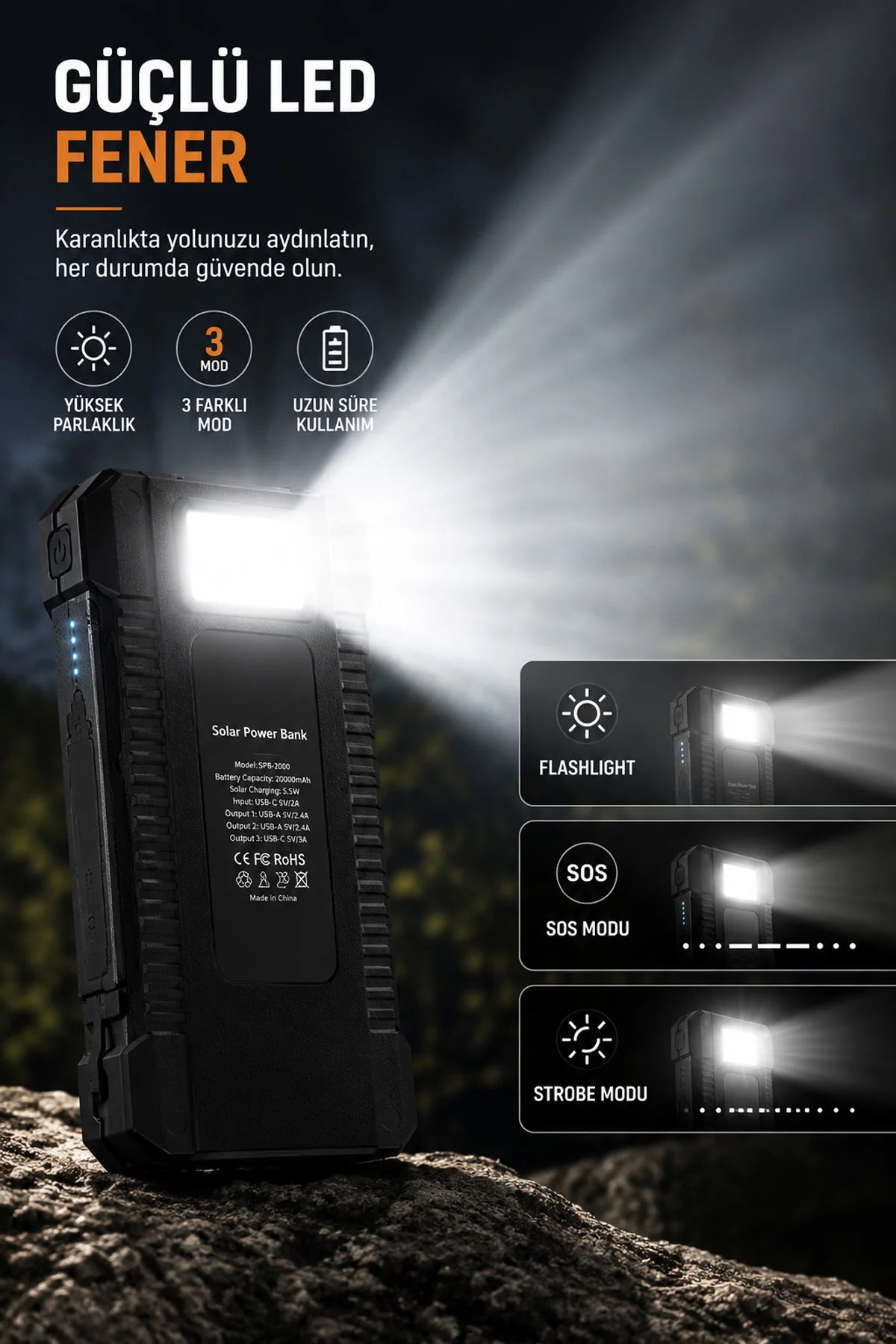 Güneş Enerjili Powerbank 4 Solar Panel Taşınabilir Şarj Cihazı Kendinden Kablolu LED Fenerli 20000mAh