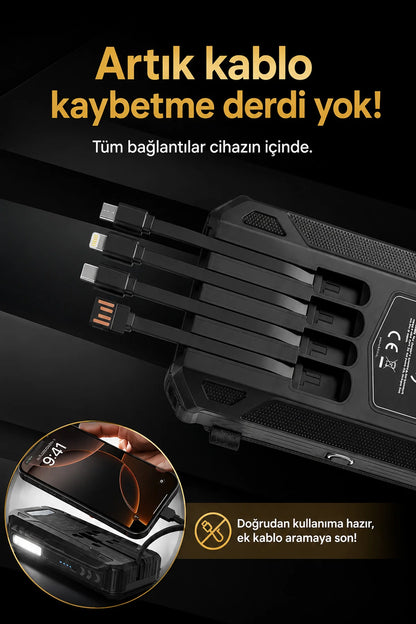 Güneş Enerjili Powerbank 4 Solar Panel Taşınabilir Şarj Cihazı Kendinden Kablolu LED Fenerli 20000mAh