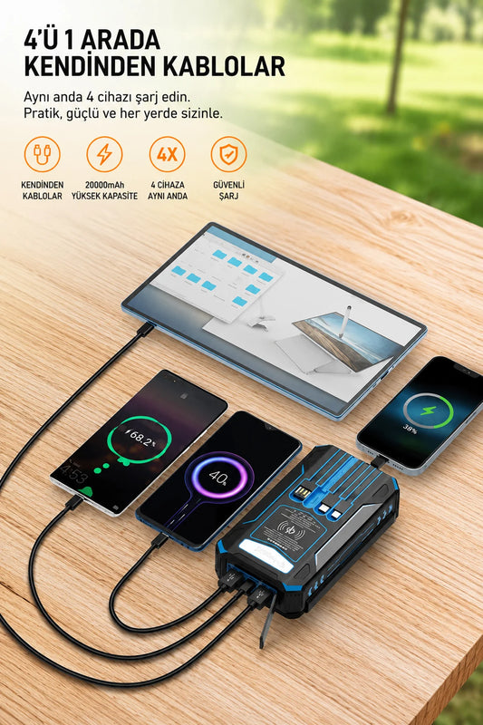 Güneş Enerjili Powerbank 4 Solar Panel Taşınabilir Şarj Cihazı Kendinden Kablolu LED Fenerli 20000mAh