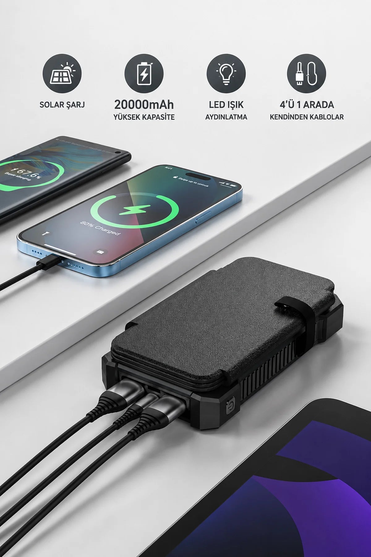 Güneş Enerjili Powerbank 4 Solar Panel Taşınabilir Şarj Cihazı Kendinden Kablolu LED Fenerli 20000mAh