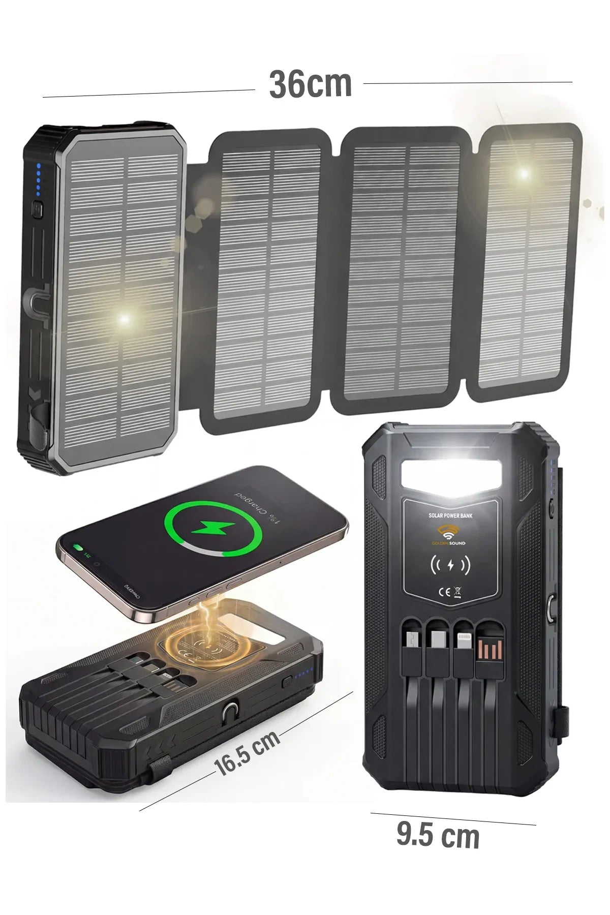 Güneş Enerjili Powerbank 4 Solar Panel Taşınabilir Şarj Cihazı Kendinden Kablolu LED Fenerli 20000mAh