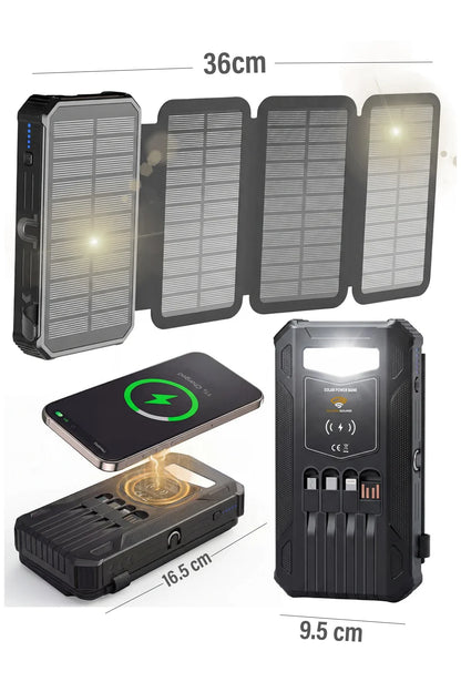 Güneş Enerjili Powerbank 4 Solar Panel Taşınabilir Şarj Cihazı Kendinden Kablolu LED Fenerli 20000mAh
