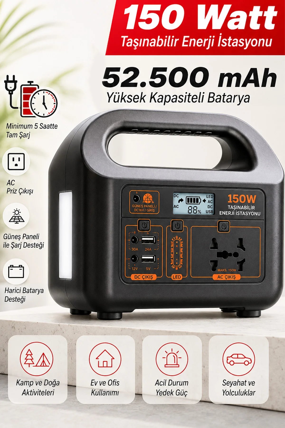 Taşınabilir Güç İstasyonu 150W 52.500 mAh Power Station AC Prizli USB DC Çıkışlı