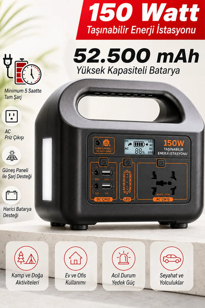 Taşınabilir Güç İstasyonu 150W 52.500 mAh Power Station AC Prizli USB DC Çıkışlı