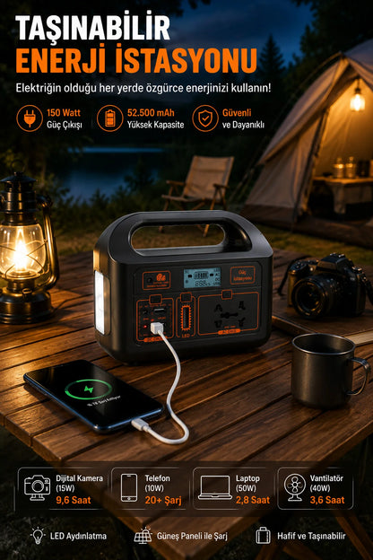 Taşınabilir Güç İstasyonu 150W 52.500 mAh Power Station AC Prizli USB DC Çıkışlı