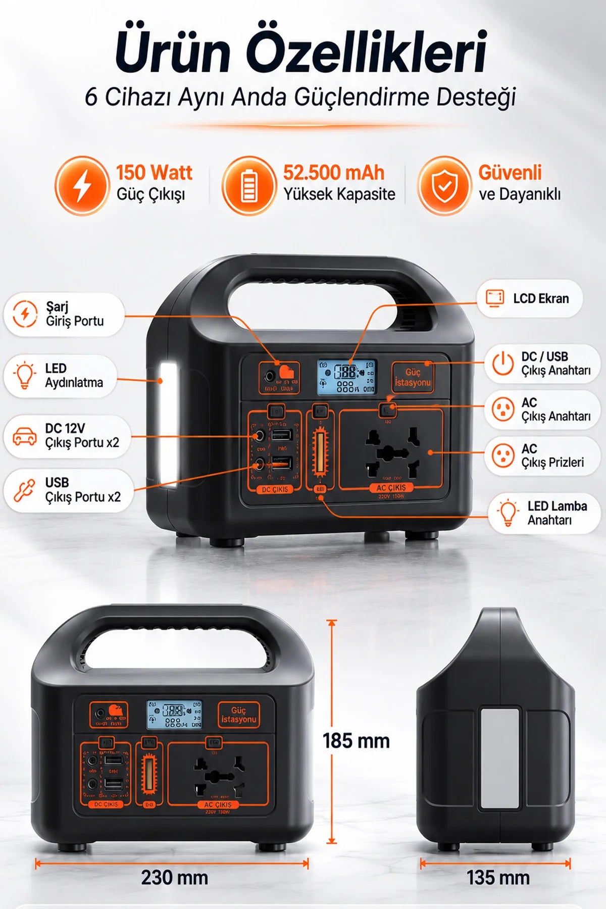 Taşınabilir Güç İstasyonu 150W 52.500 mAh Power Station AC Prizli USB DC Çıkışlı