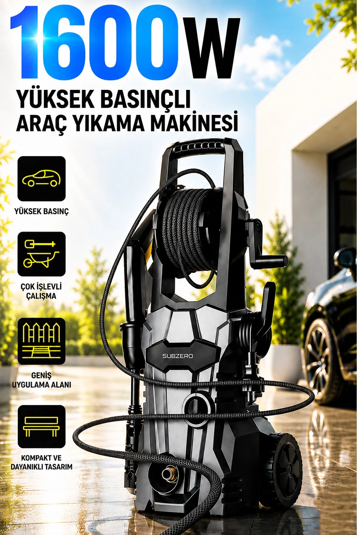 Ev Tipi Araç Yıkama Makinesi Kablolu Evde Oto Yıkama Cihazı 1600W 75 Bar Basınçlı Su