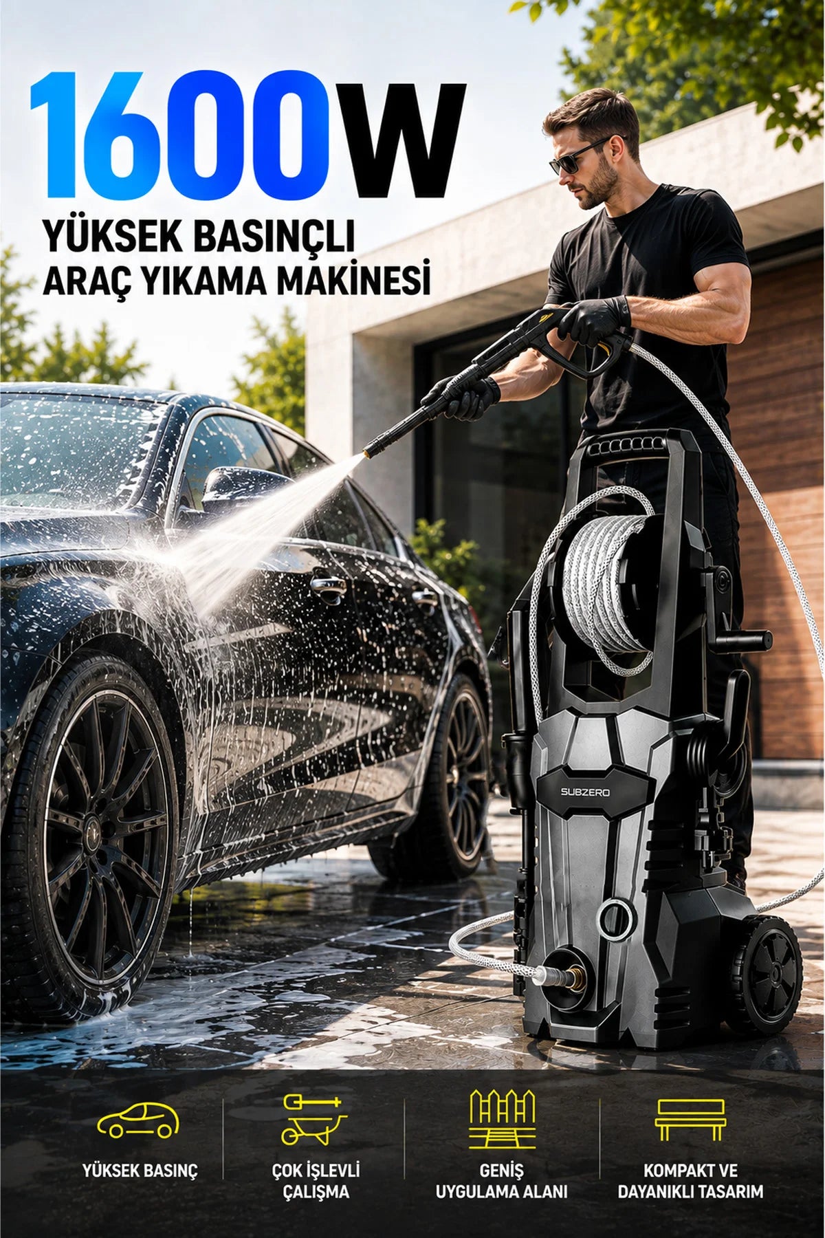 Ev Tipi Araç Yıkama Makinesi Kablolu Evde Oto Yıkama Cihazı 1600W 75 Bar Basınçlı Su