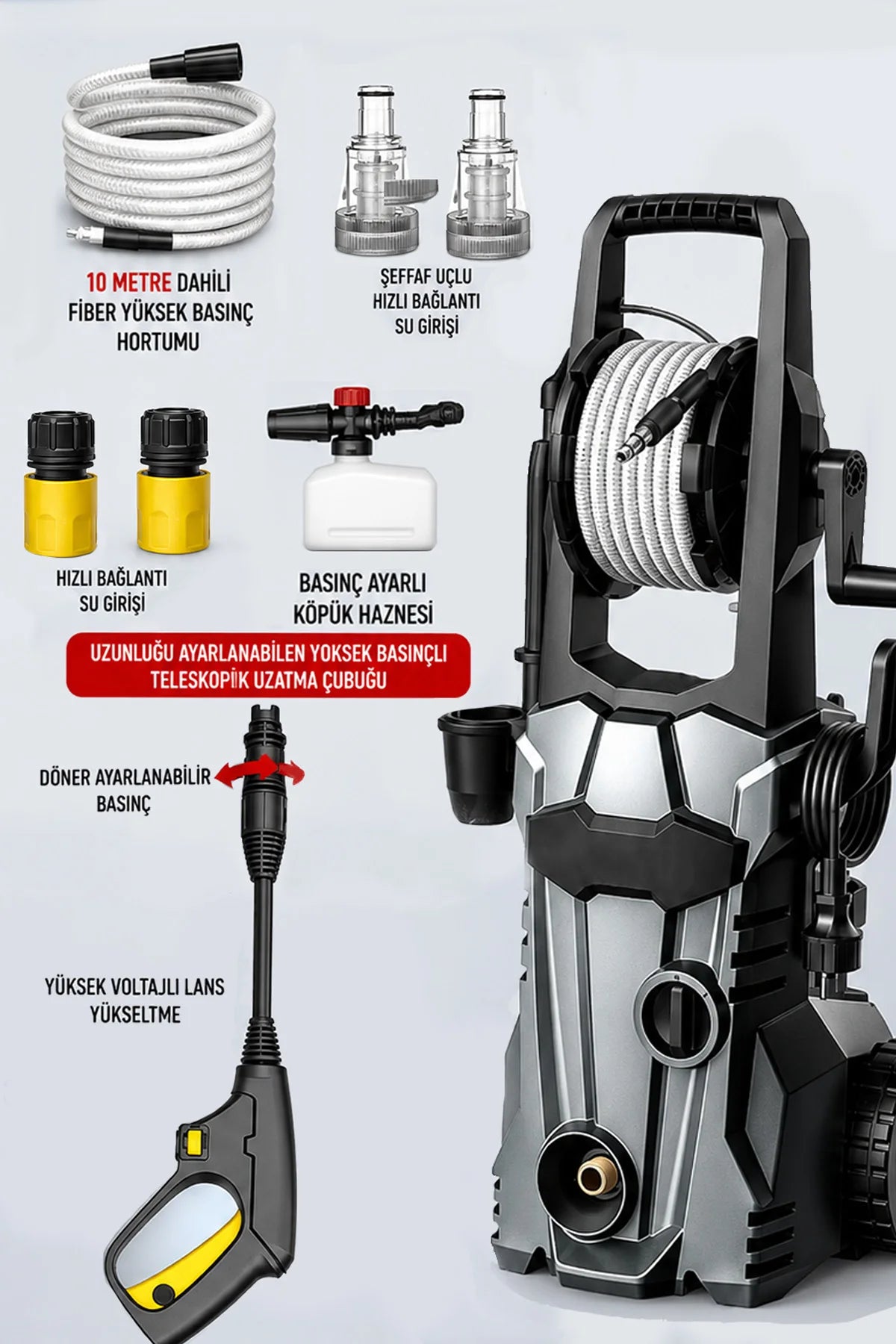 Ev Tipi Araç Yıkama Makinesi Kablolu Evde Oto Yıkama Cihazı 1600W 75 Bar Basınçlı Su