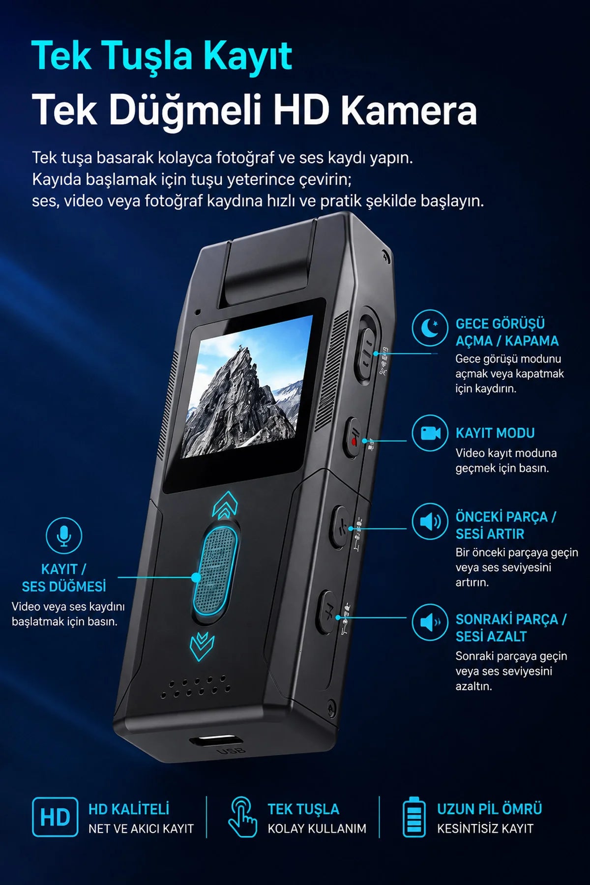 Yaka Vücut Kamerası Gece Görüşlü Aksiyon Kamera Body Camera 1080P 1.3inch HD Ekranlı