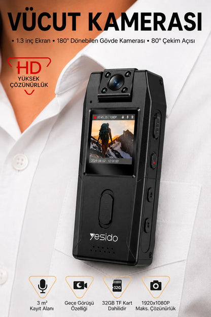 Yaka Vücut Kamerası Gece Görüşlü Aksiyon Kamera Body Camera 1080P 1.3inch HD Ekranlı