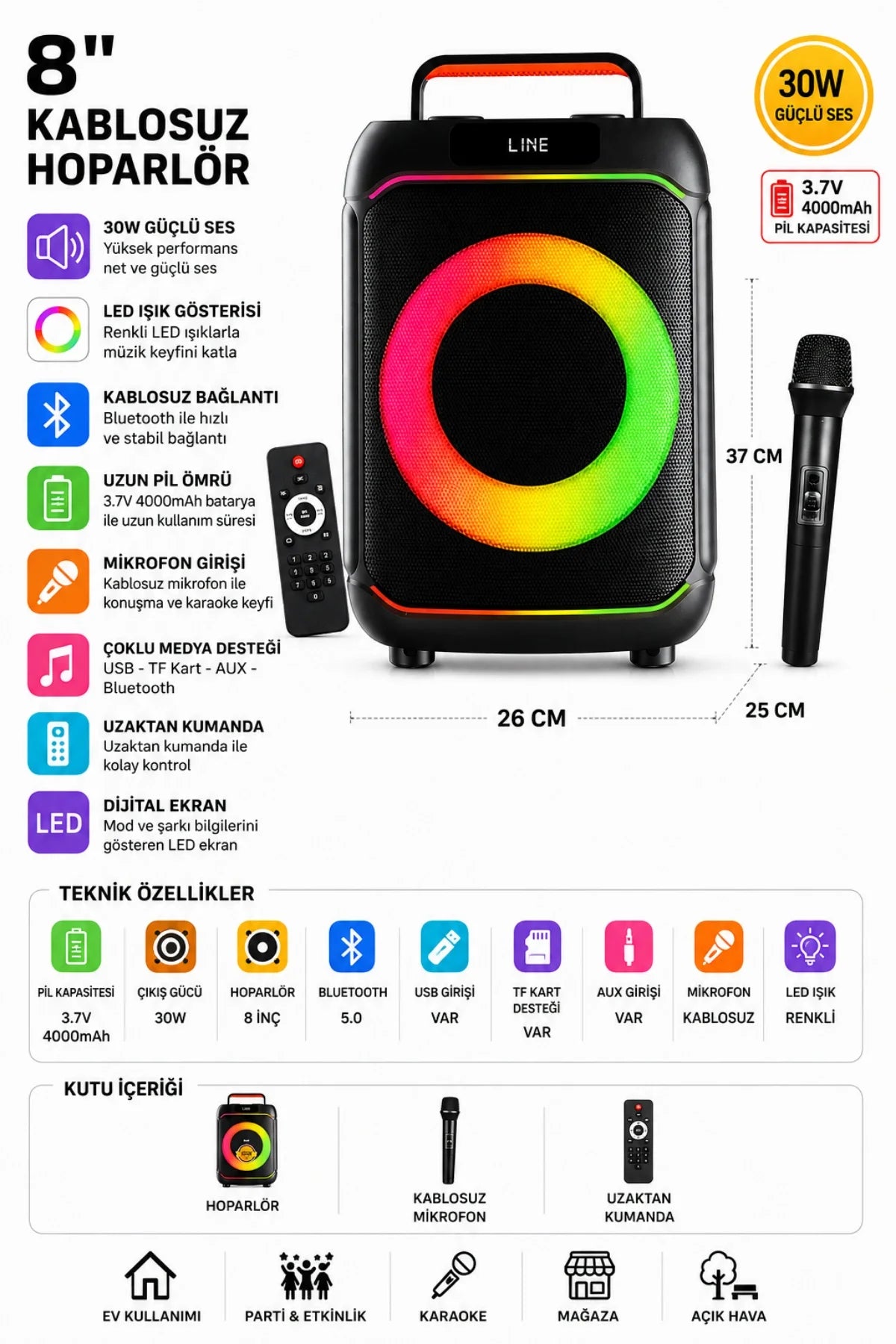 Mikrofonlu Blic BLS-80 30W Kablosuz Bluetooth Hoparlör 8 İnc LED Işıklı Karaoke Parti Hoparlörü