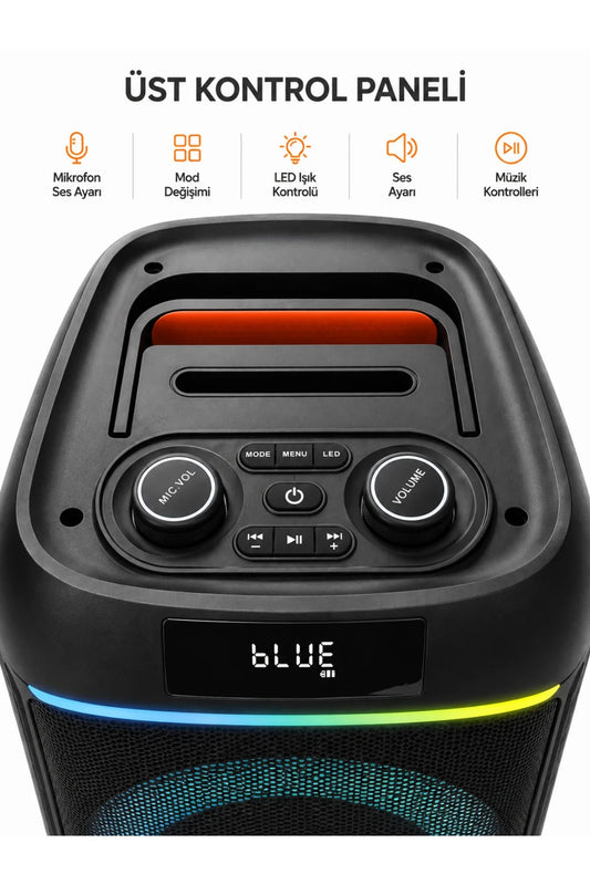 Mikrofonlu Blic BLS-80 30W Kablosuz Bluetooth Hoparlör 8 İnc LED Işıklı Karaoke Parti Hoparlörü