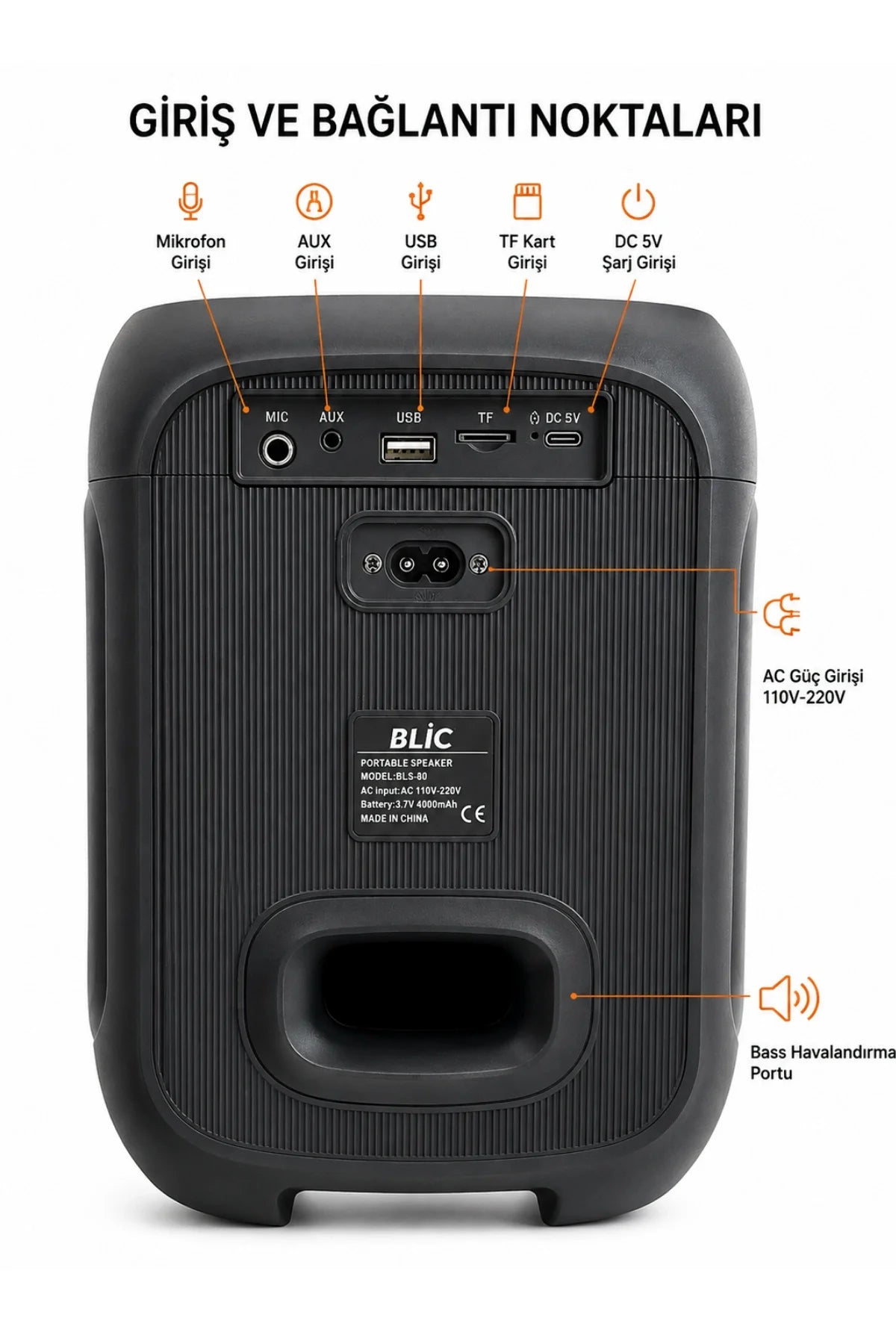 Mikrofonlu Blic BLS-80 30W Kablosuz Bluetooth Hoparlör 8 İnc LED Işıklı Karaoke Parti Hoparlörü