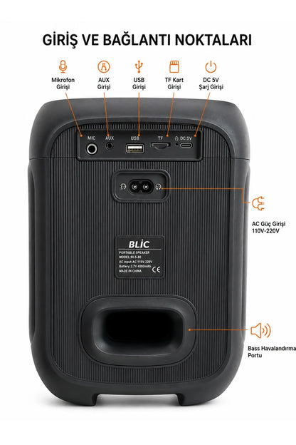 Mikrofonlu Blic BLS-80 30W Kablosuz Bluetooth Hoparlör 8 İnc LED Işıklı Karaoke Parti Hoparlörü