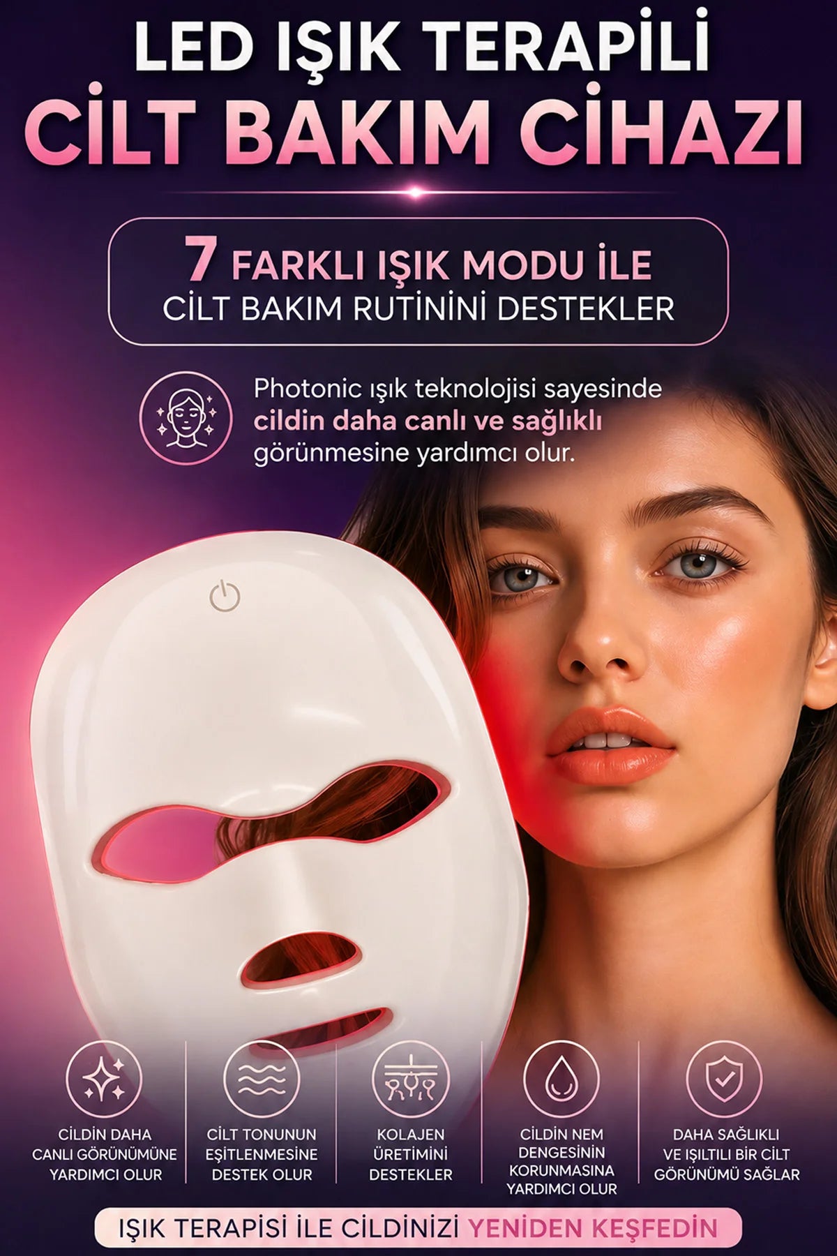 Işıklı Yüz Bakım Maskesi 7 Renk LED Işık Yüz Cilt Bakım Sıkılaştırıcı Terapi Cihazı Şarlı 400mAh