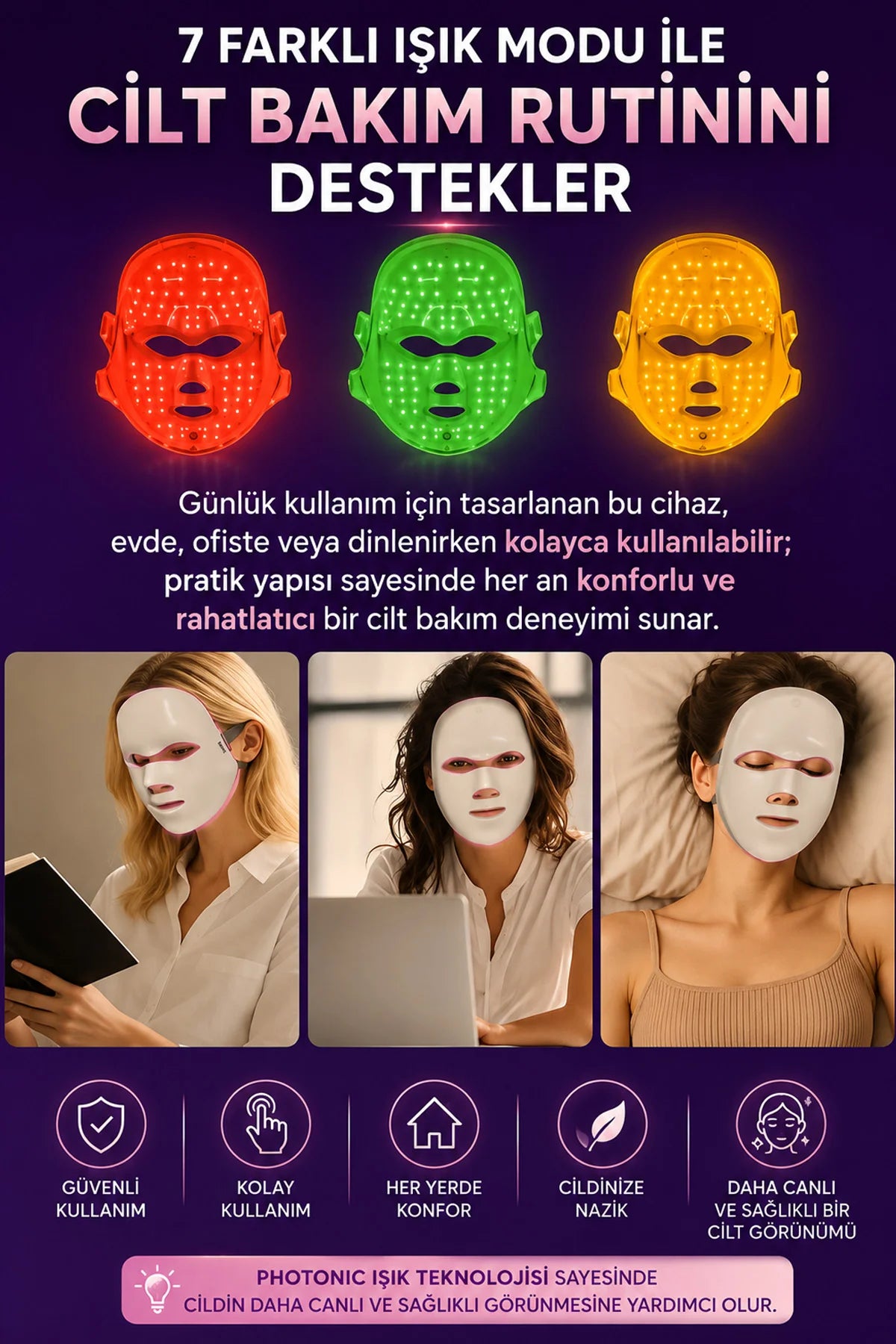 Işıklı Yüz Bakım Maskesi 7 Renk LED Işık Yüz Cilt Bakım Sıkılaştırıcı Terapi Cihazı Şarlı 400mAh